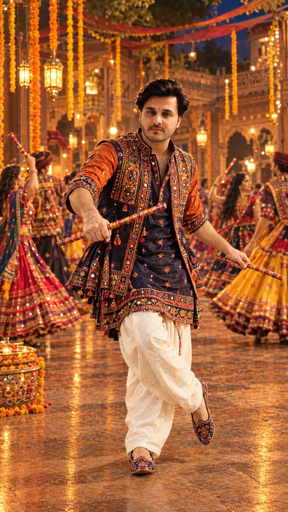 Using my uploaded photo as the identity reference, create an ultra-realistic cinematic Navratri fashion photograph of me performing a