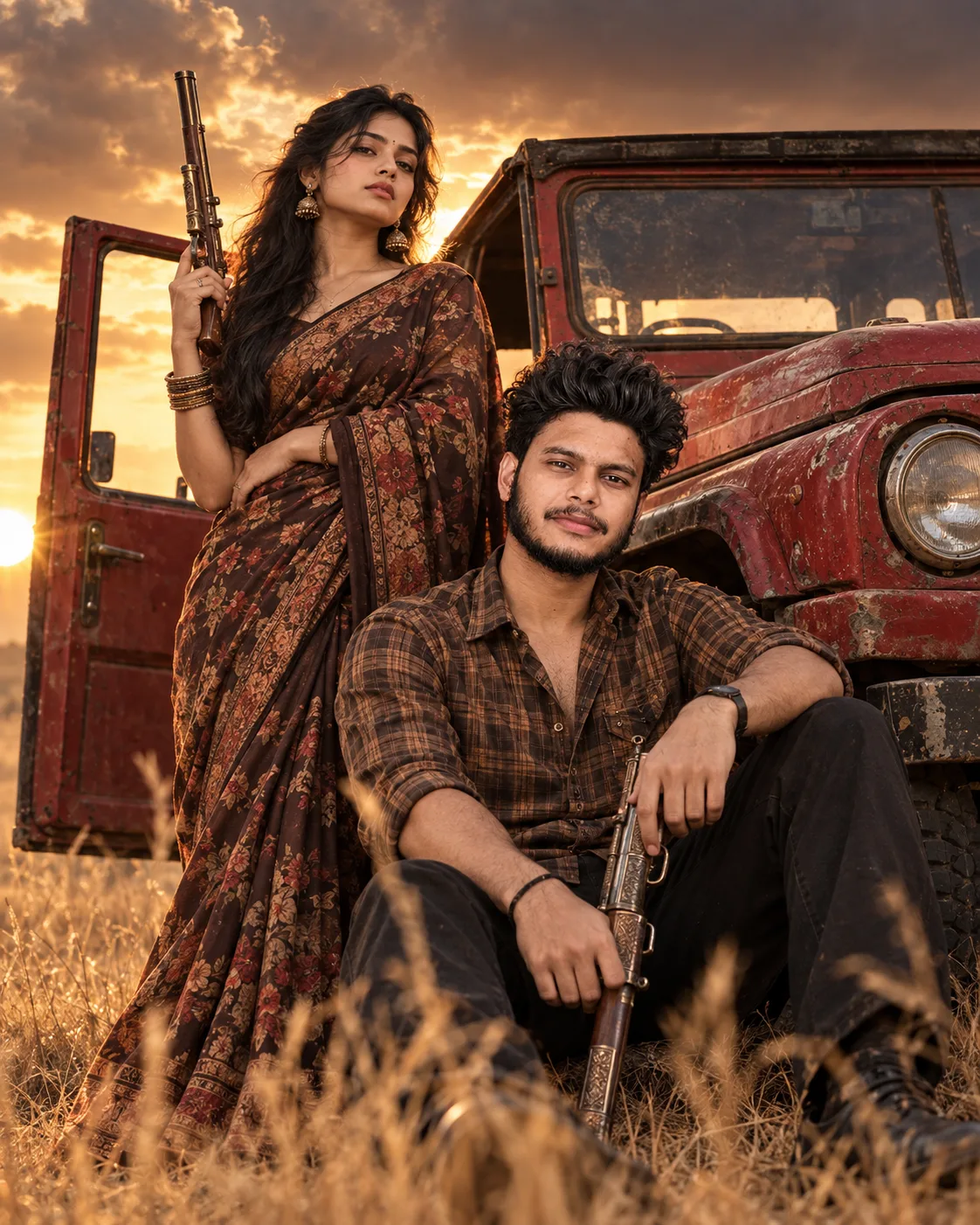 Ultra-realistic cinematic couple portrait at golden hour in a dry rural field.