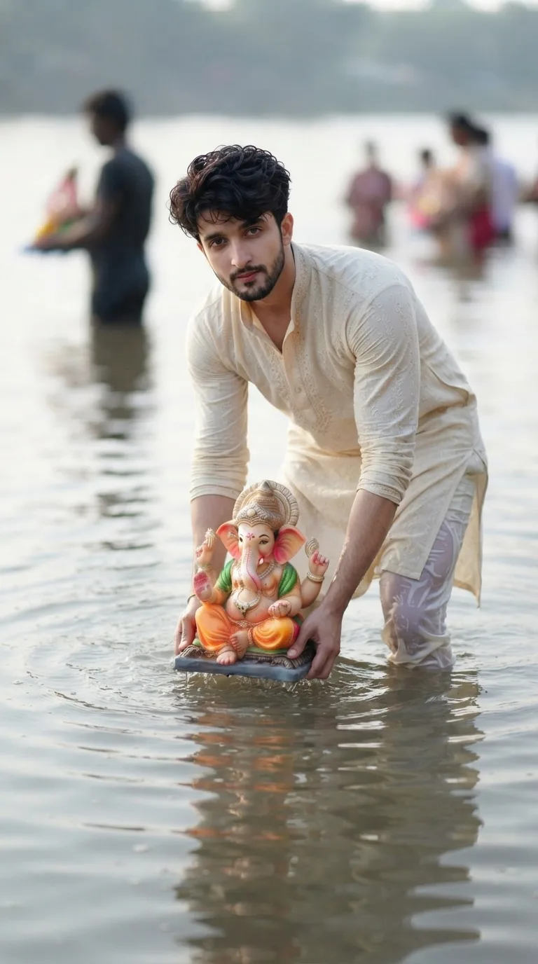 A highly realistic vertical portrait (9:16) of a person standing waist-deep in a calm river during Ganesha Visarjan.