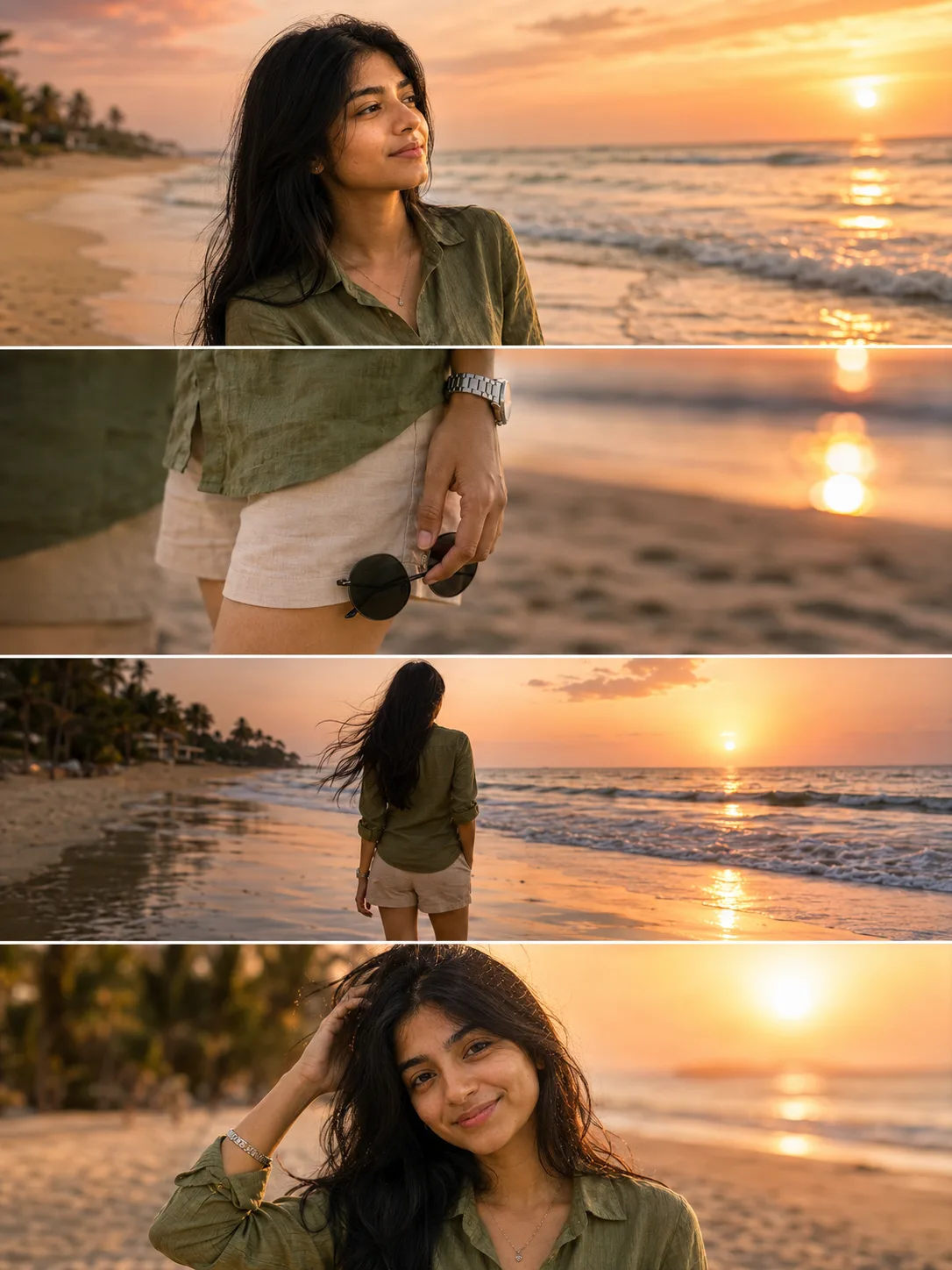 Ultra-realistic DSLR cinematic beach photoshoot collage featuring the SAME girl from the uploaded reference image.