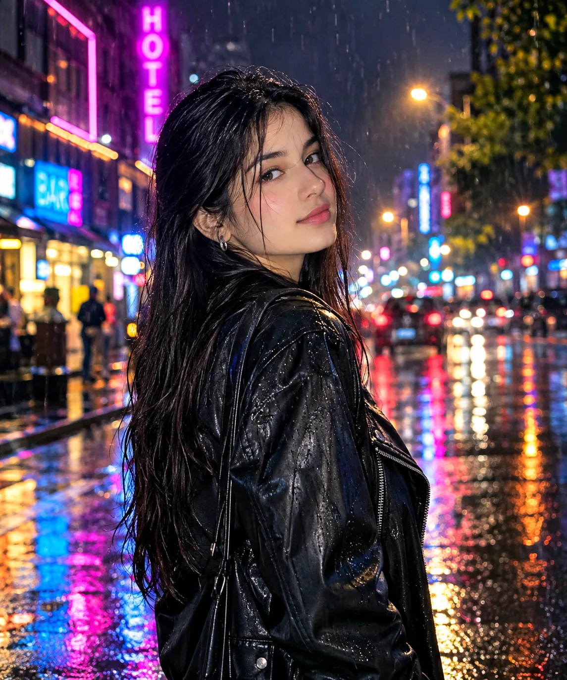 Create an ultra-realistic editorial portrait of a young Indian woman standing on a rain-soaked city street at night.