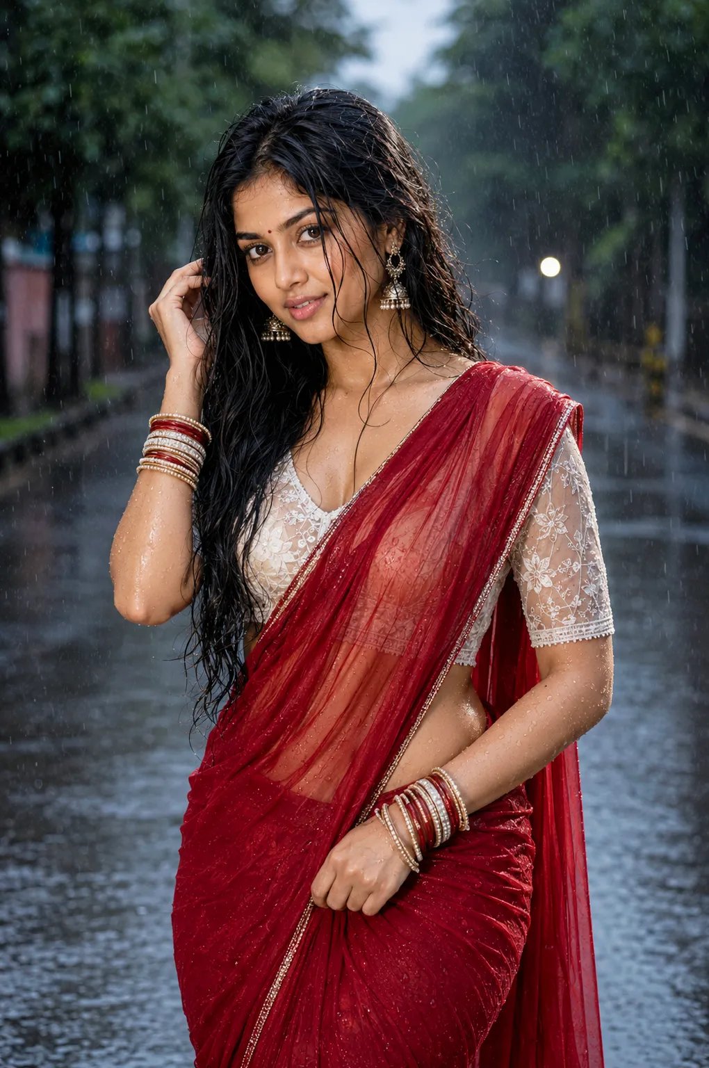 Prompt 👇 Generate a photo of the uploaded beautiful woman with little wet very long wavy hair, standing on a wet street during light rain.