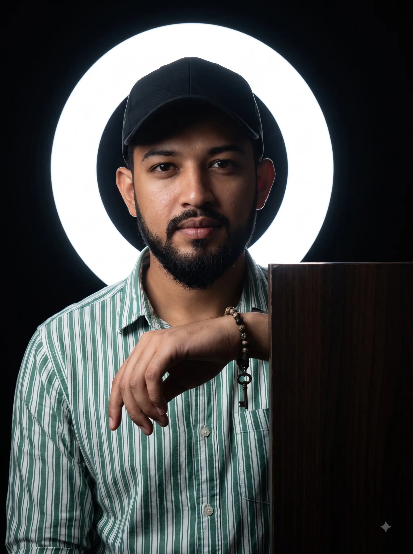 PROMPT A dramatic studio portrait of a young South Asian man with a dark beard, wearing a black baseball cap and a green-and-white