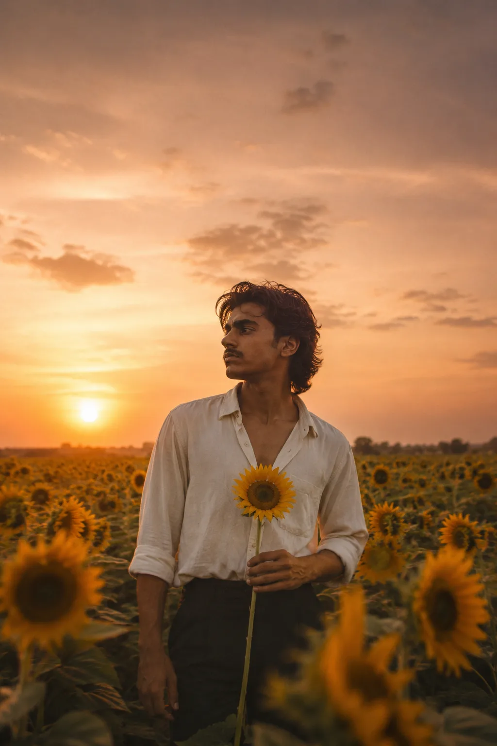 Ultra-realistic cinematic vintage analog-film photograph of a young adult man standing alone in a vast sunflower field at golden hour,