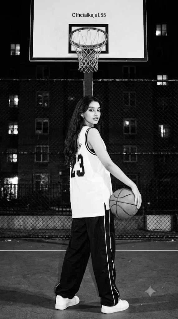 @officialkajal.55 Prompt: “Create a realistic black-and-white nighttime basketball court portrait of a young South Asian woman, preserving