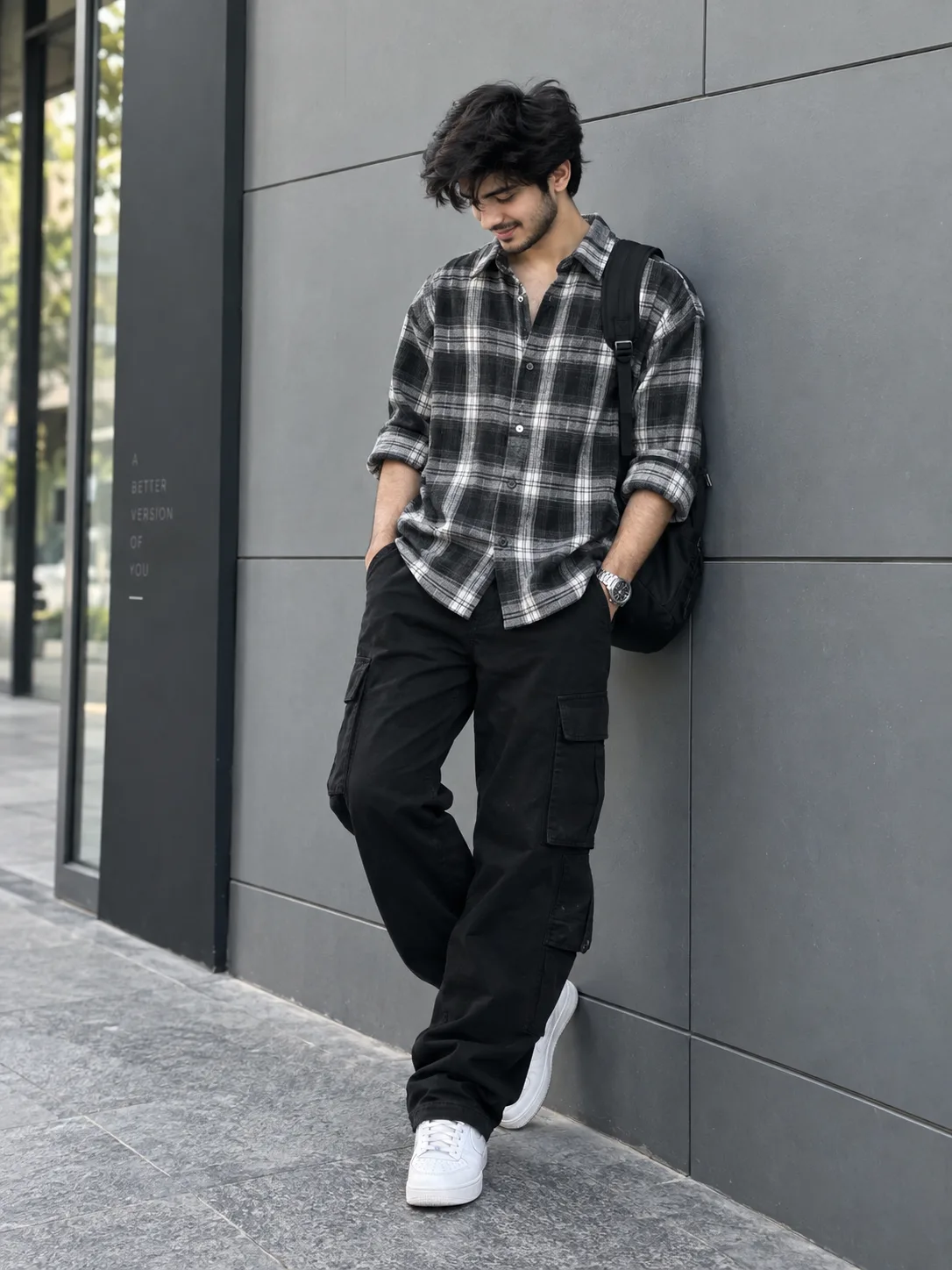 Ultra-realistic full-body streetwear fashion portrait of a stylish young man leaning casually against a modern minimalist grey paneled