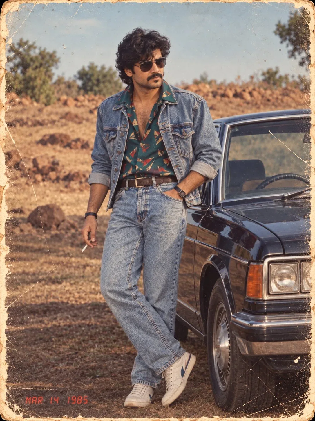 Create an ultra-realistic full-body portrait of a completely fictional young Indian man in an authentic mid-1980s setting.