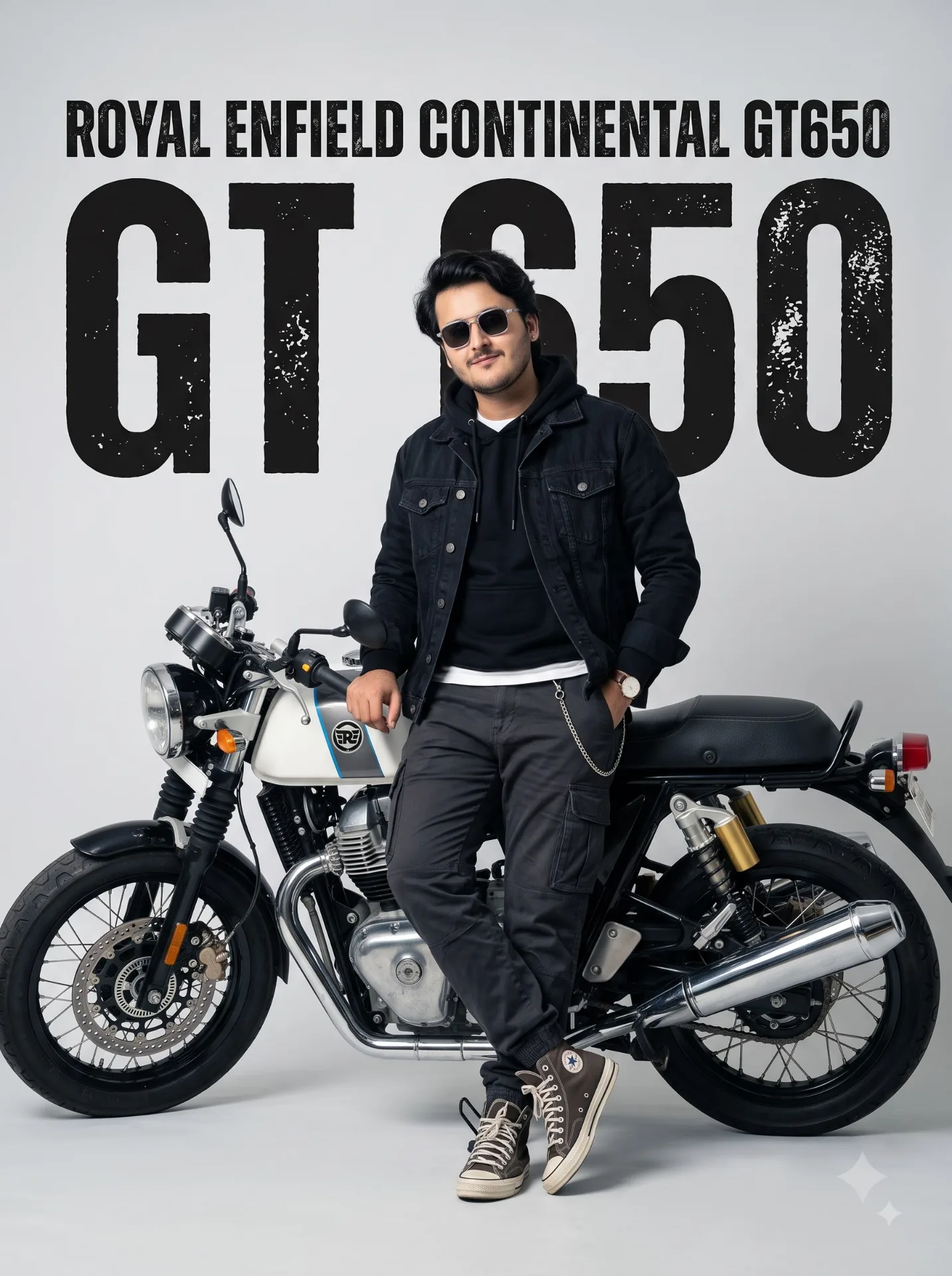 A photorealistic, high-resolution commercial fashion shot of a young man casually leaning against a white and black Royal Enfield