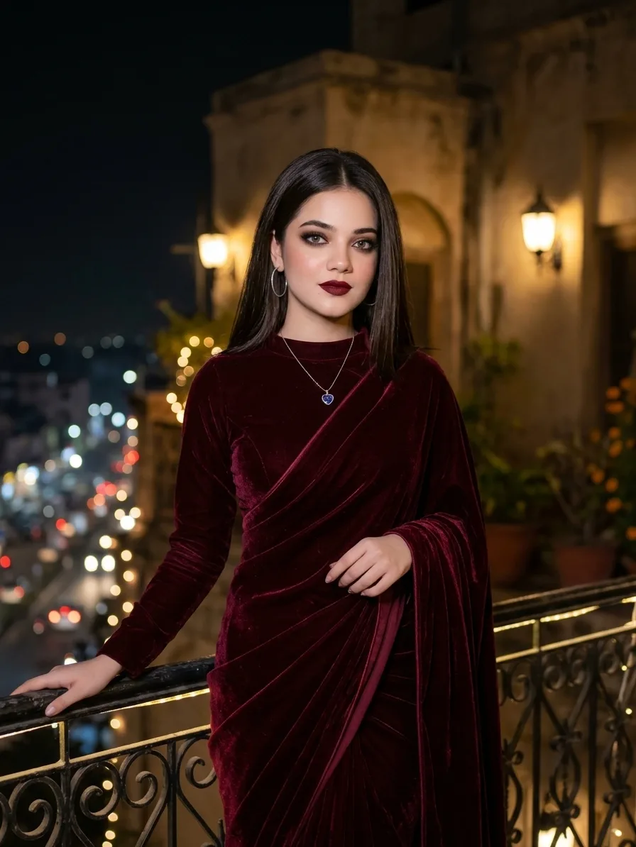 **Title** Glamorous Deep Velvet Evening Saree on an Urban Night Balcony > A striking high-resolution portrait of a graceful young South