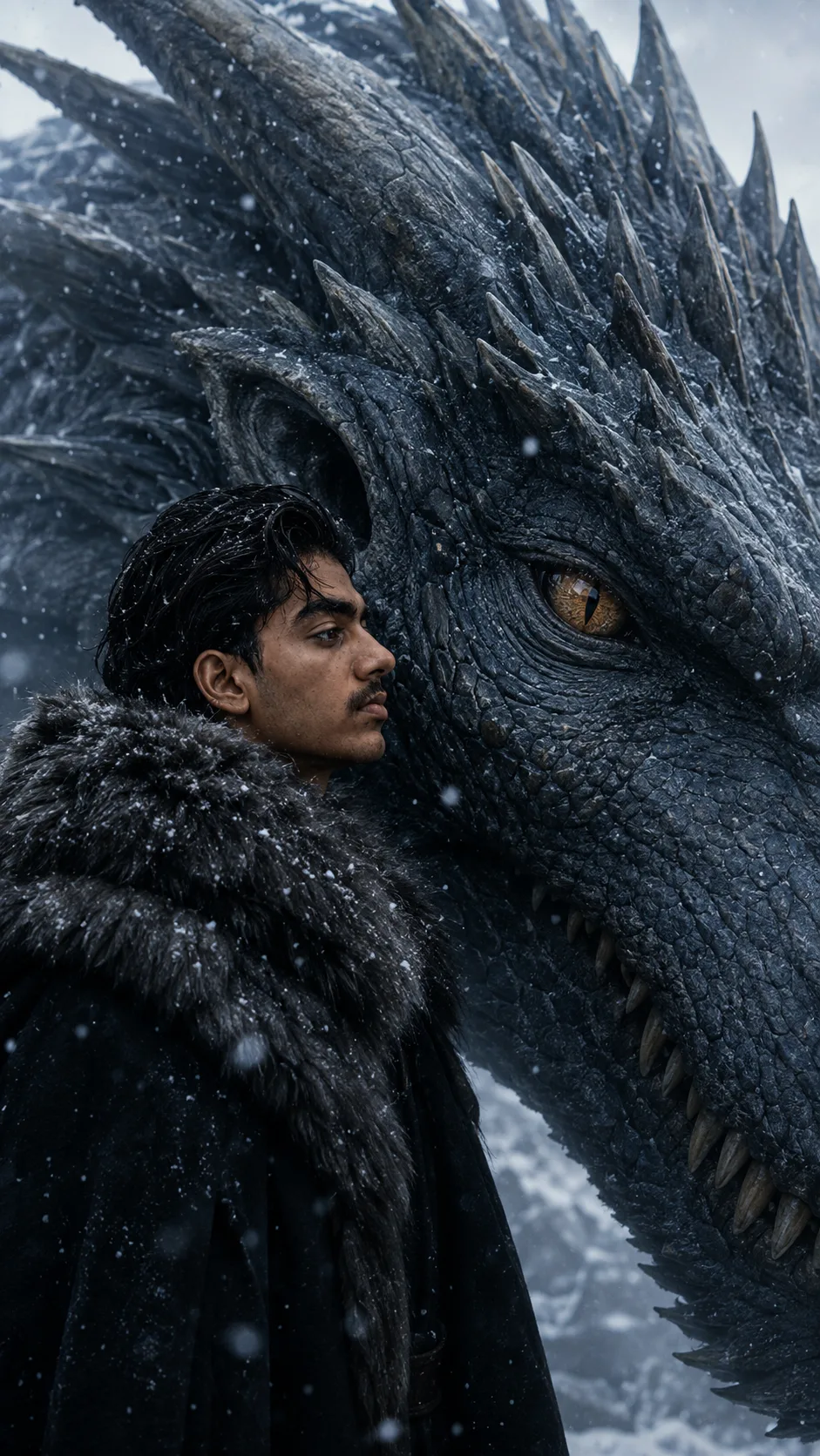 Ultra-realistic cinematic dark-fantasy portrait of a young adult man standing extremely close beside the enormous head of a massive ancient