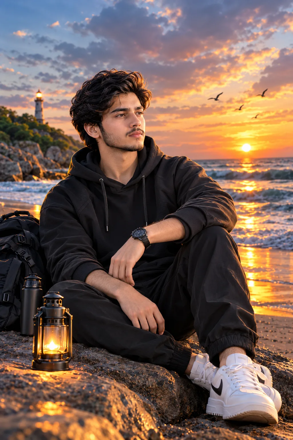 > Create an ultra-realistic **3D cinematic portrait** of a stylish young South Asian man sitting peacefully on a large natural rock beside