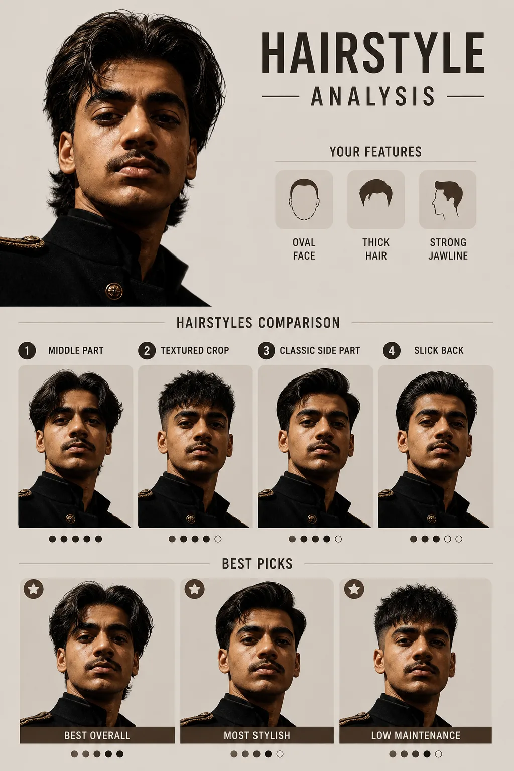 Create a clean, modern hairstyle analysis graphic using this portrait.
