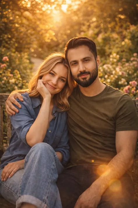 An absolute cinematic masterpiece, hyper-photorealistic and ultra-detailed medium shot portrait capturing an intimate, deeply romantic