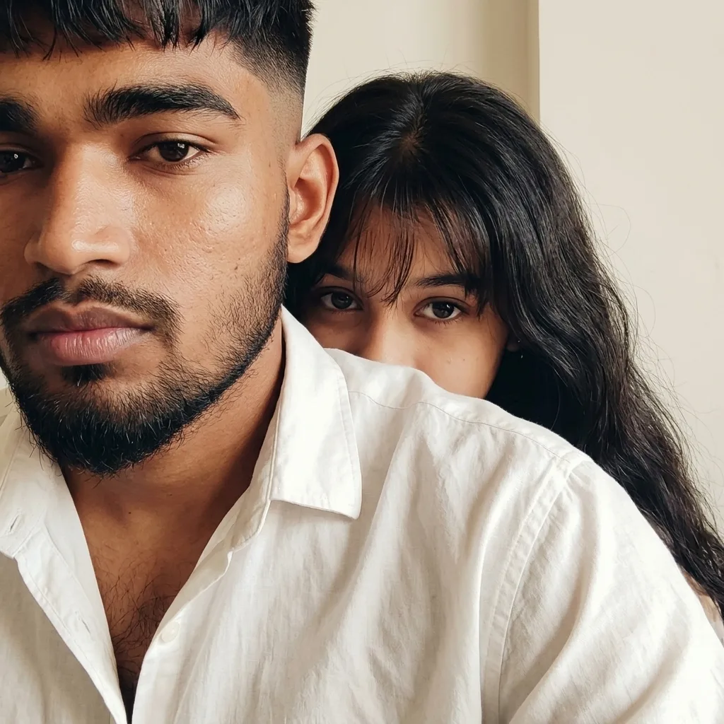 A photorealistic square close-up portrait of the young South Asian couple from the reference image, faithfully preserving their