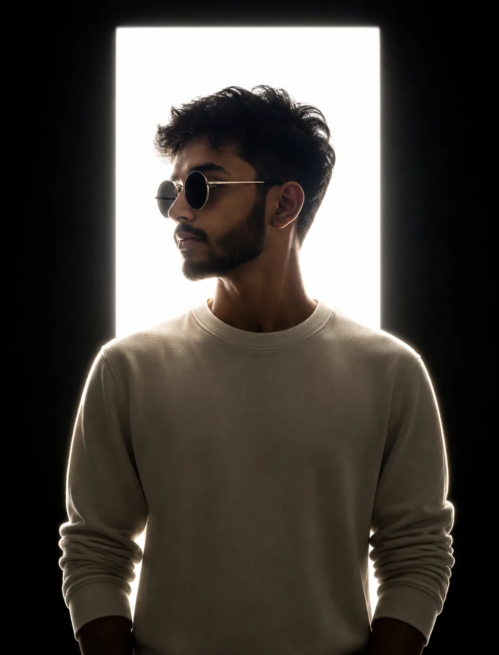 A dramatic, high-contrast studio portrait of my given image with messy dark hair and a neatly groomed full beard and mustache, captured