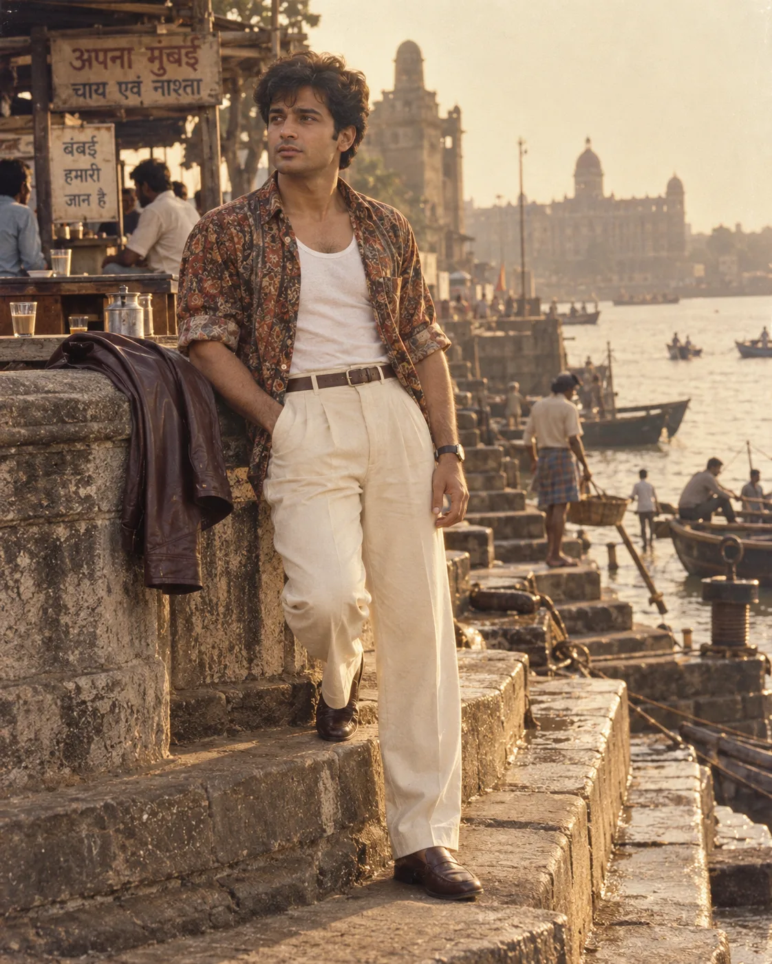 Create a highly realistic vertical 4:5 cinematic vintage 1980s-style photograph of a fictional Indian male cricket star sitting casually on