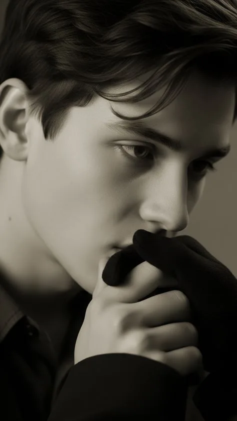 An extreme close-up, high-contrast 9:16 portrait photography of a young man with a sharp jawline and softly styled, wavy dark hair falling