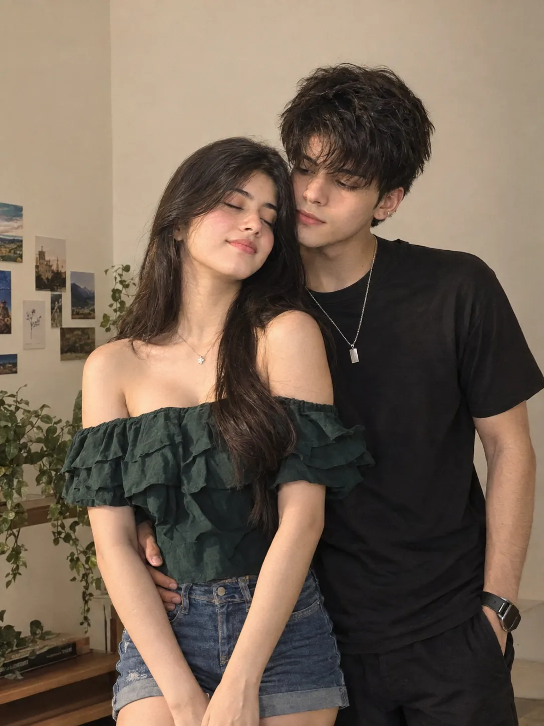 Ultra realistic photograph of a young Indian couple posing closely together indoors, use the uploaded reference images as the exact visual