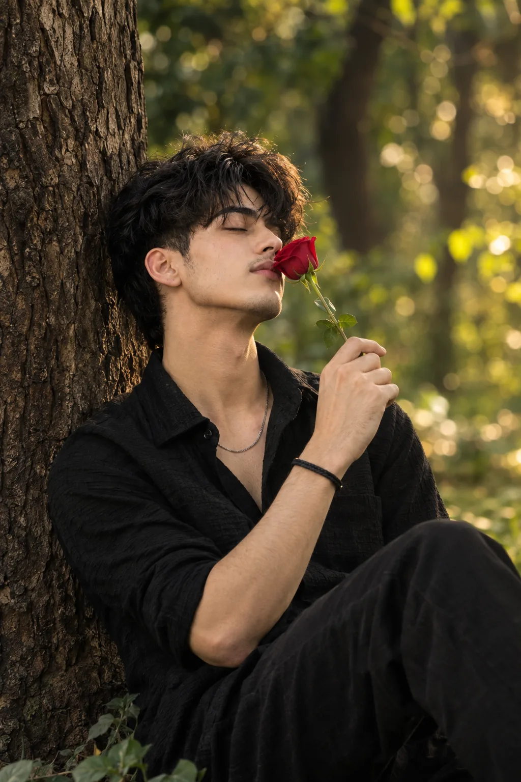 Peaceful Young Man Sitting Against Tree Smelling a Red Rose