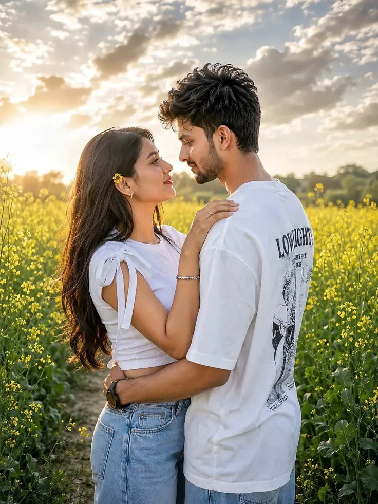 A photorealistic vertical full-body romantic couple portrait of the young South Asian man and woman from the reference images, faithfully