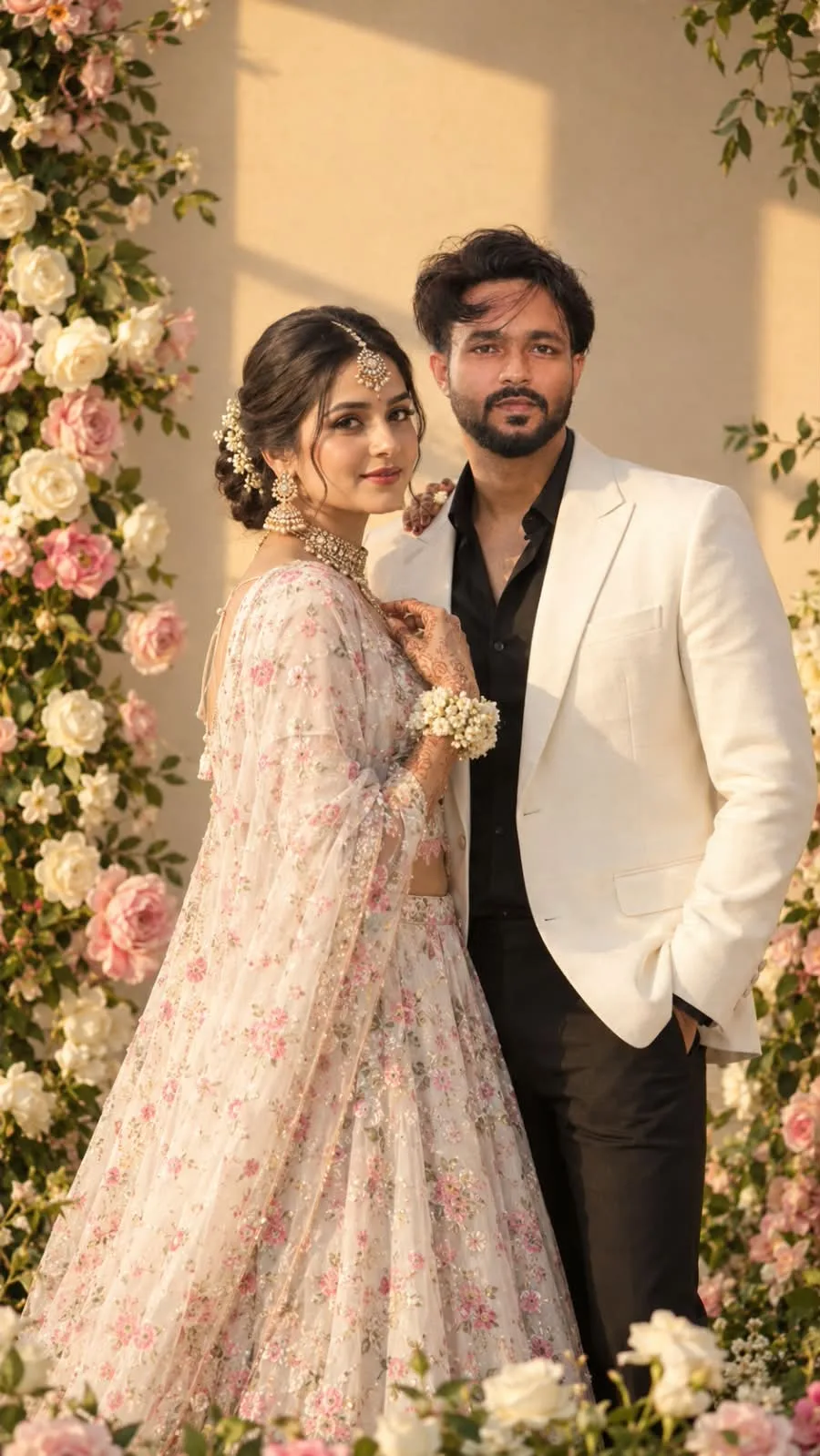 Copy-Paste Prompt — Same Face / Couple Wedding Portrait Create an ultra-photorealistic, high-end cinematic vertical 9:16 couple wedding