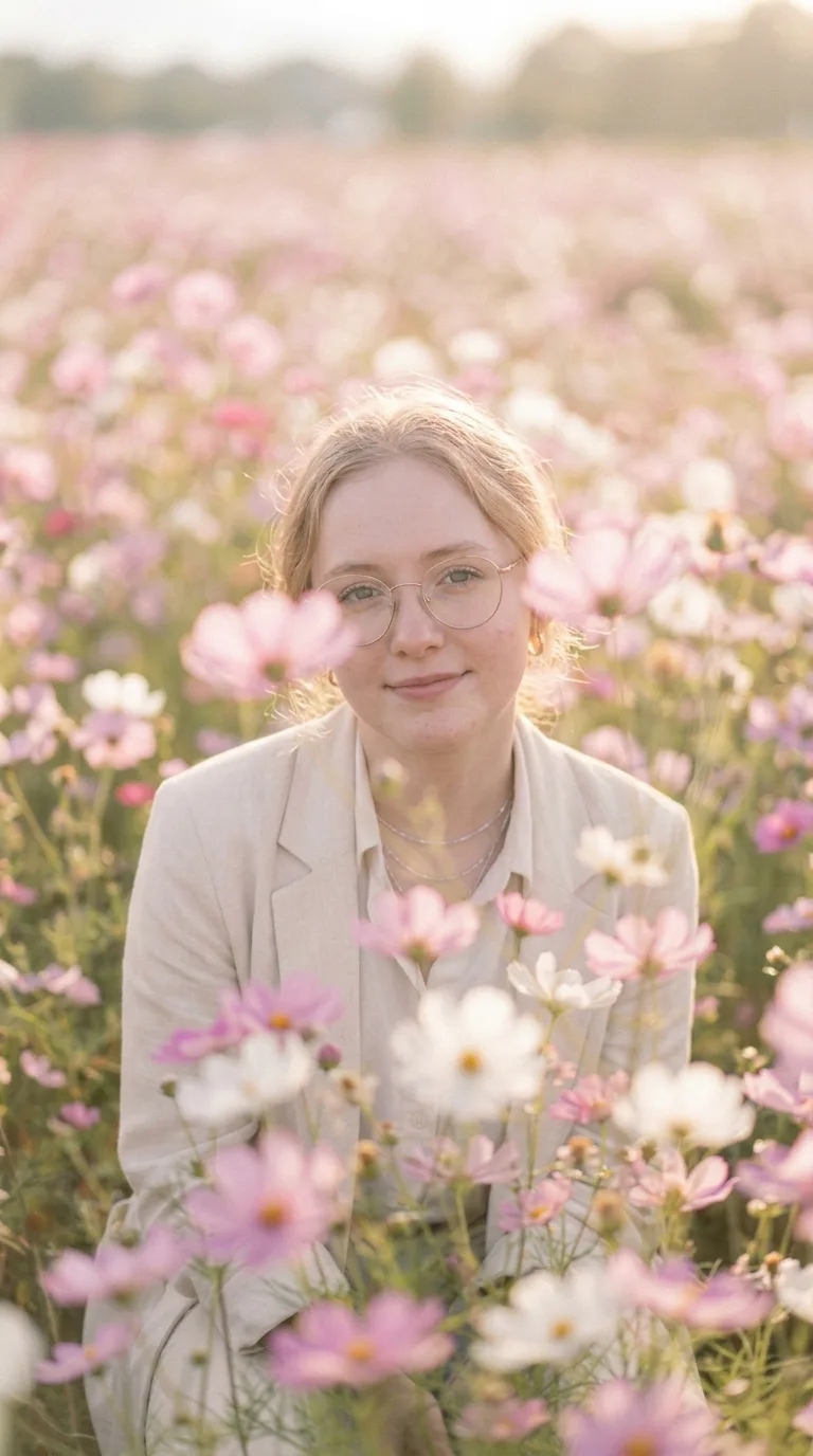 Using my uploaded photo as the main reference, create a dreamy, ethereal portrait in a cosmos flower field.