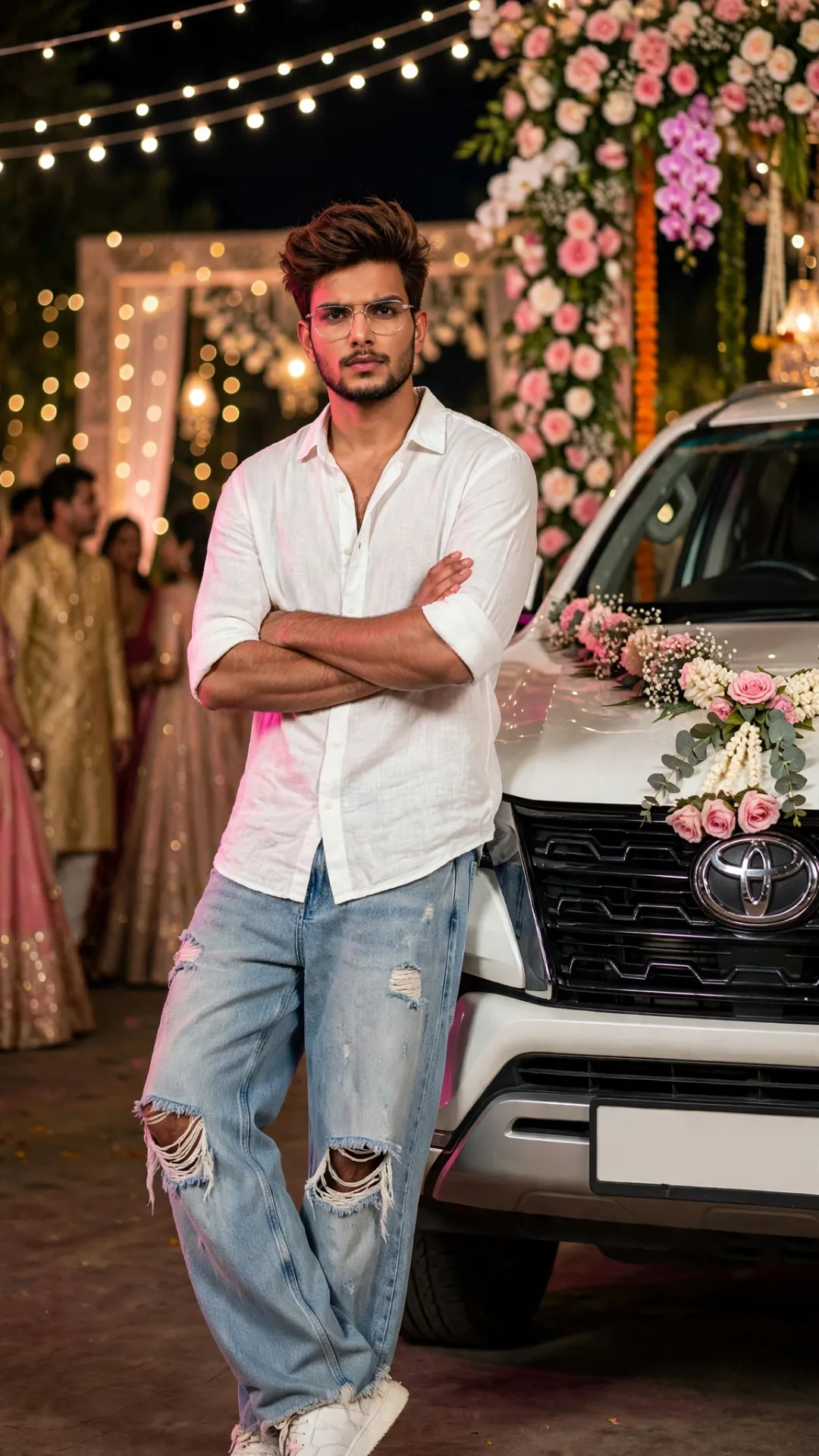 A handsome young Indian man in his 20s with stylish brown hair and trimmed beard, wearing clear glasses, white linen shirt with rolled