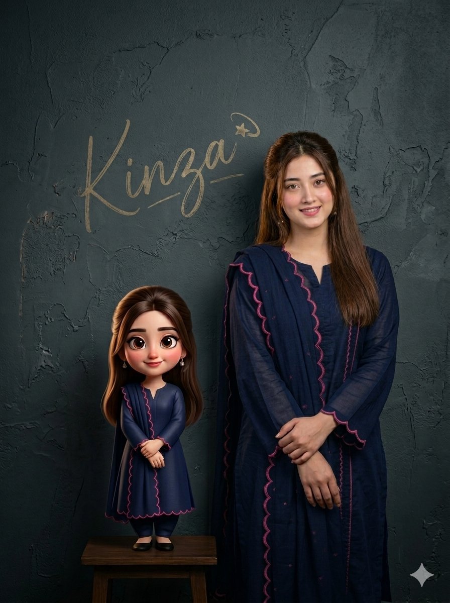 Gamini Nano Banana pro2 Prompt💬 Cinematic portrait of a young woman standing side by side with her miniature version against a textured