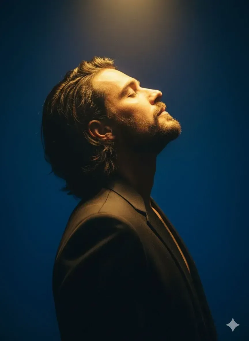 A dramatic, photorealistic medium close-up, profile shot of a striking man attached in the uploaded reference image.