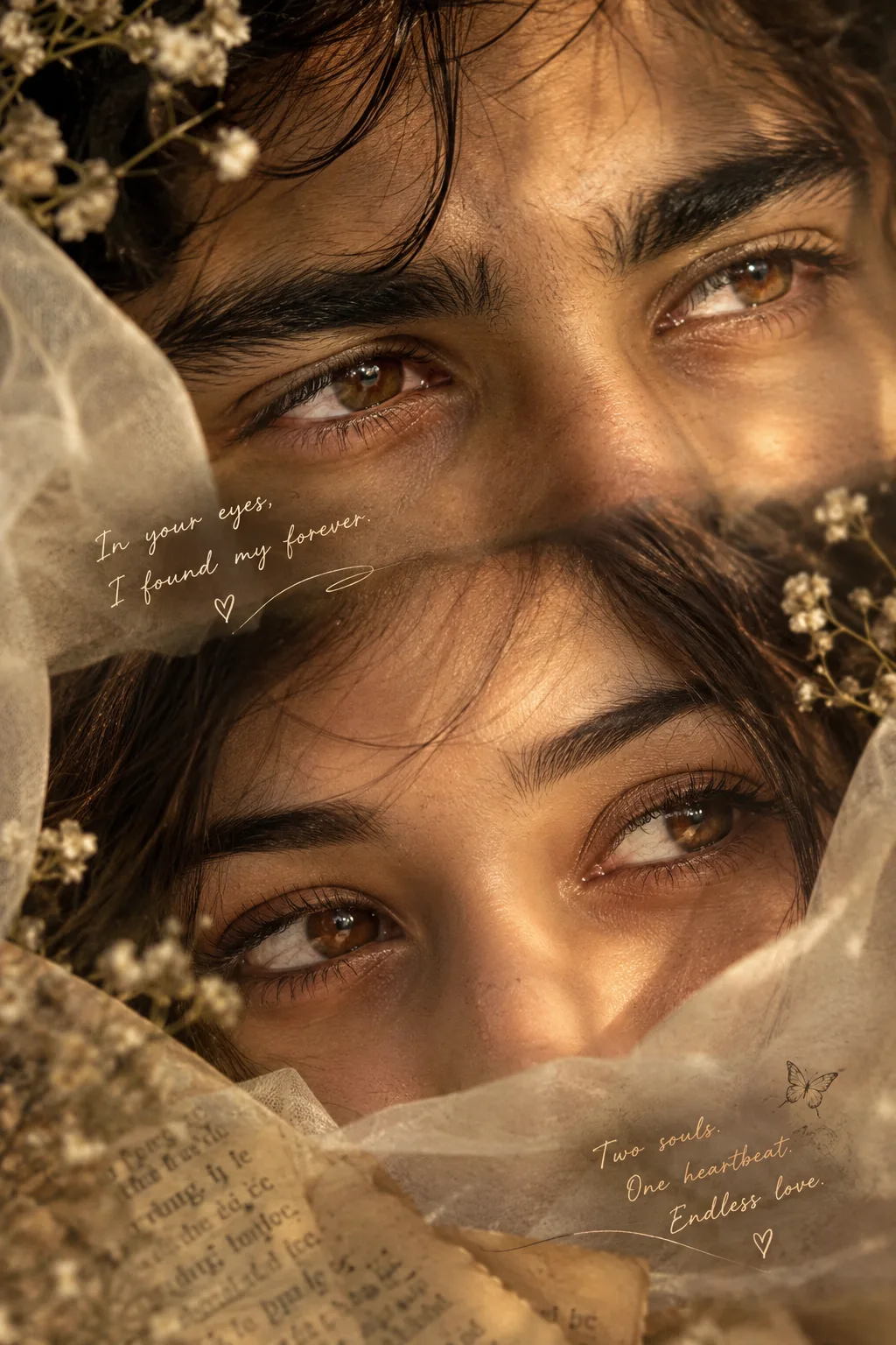 Ultra-realistic extreme close-up of a romantic couple, focusing only on their expressive eyes in a delicate double-crop composition - his