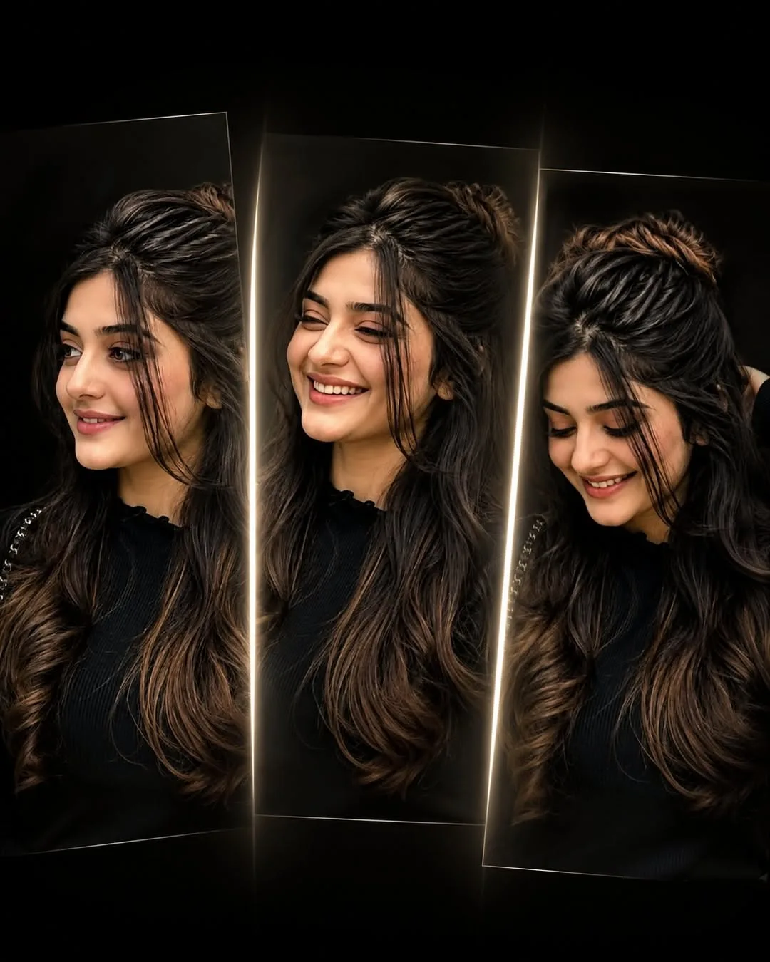 A horizontal triptych photo collage featuring three side-by-side portrait panels of a beautiful young South Asian woman with a joyful