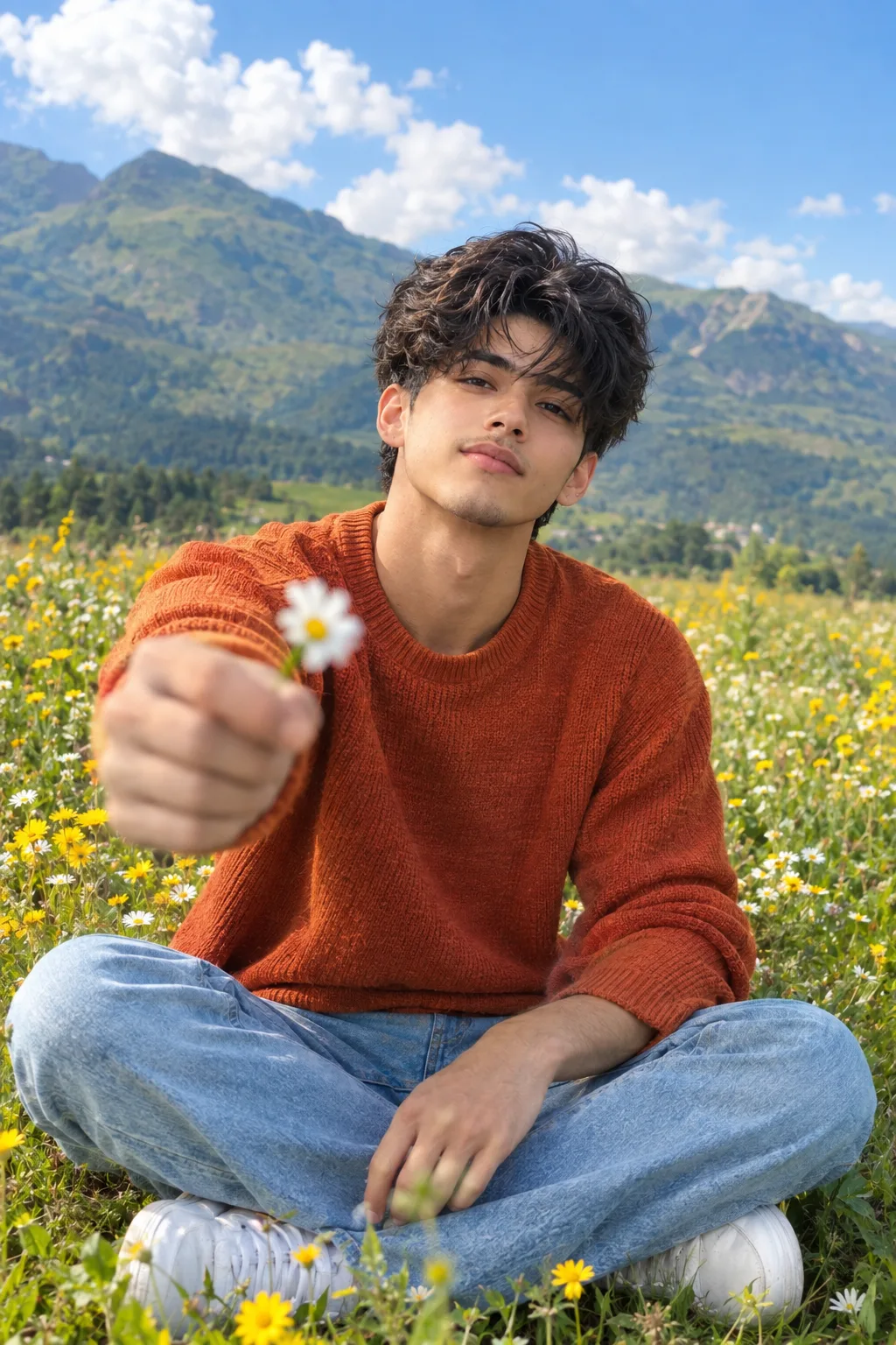 Create a highly photorealistic, cinematic portrait of a handsome young South Asian man (early 20s) sitting in a vibrant field of