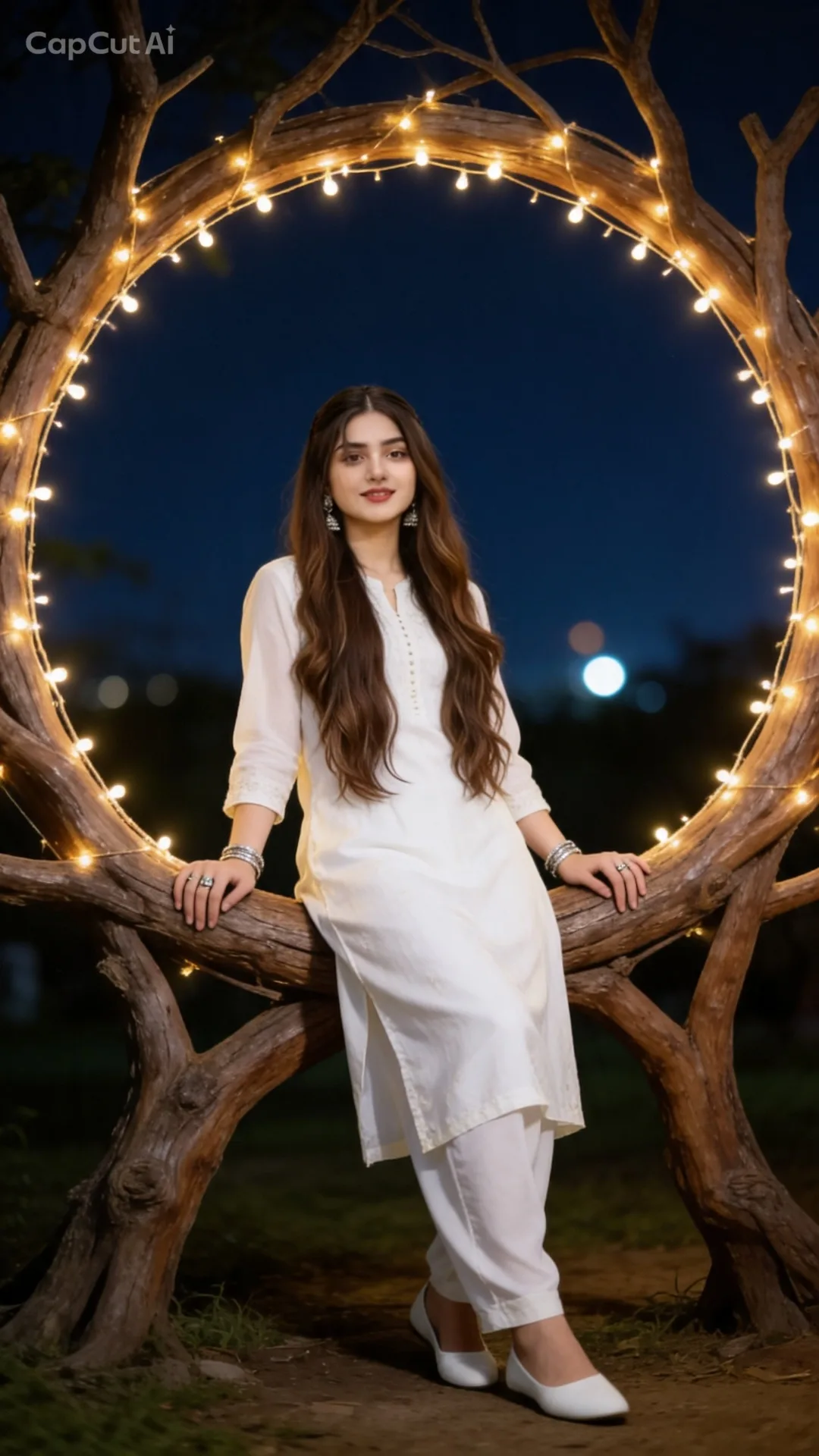 Create a hyper-realistic 4K cinematic portrait of a woman standing outdoors at night under the open sky, holding onto decorative tree