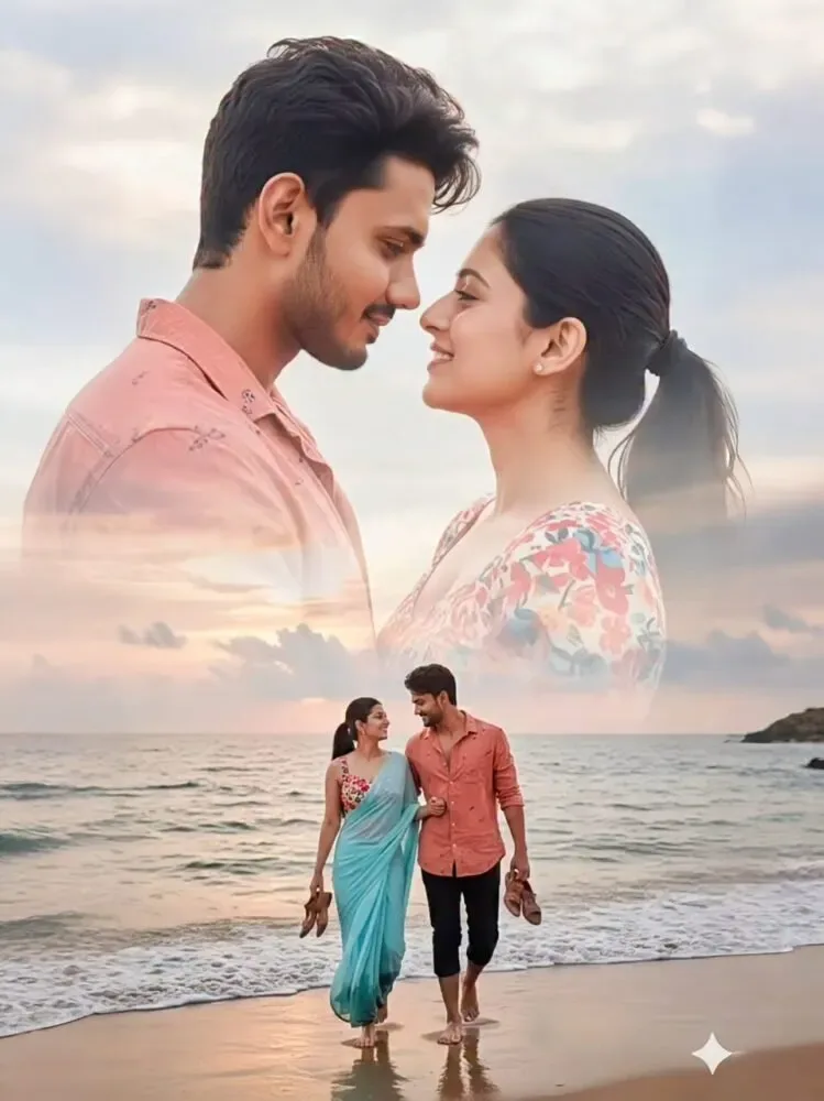 A romantic beach couple photoshoot with a creative double-exposure effect.