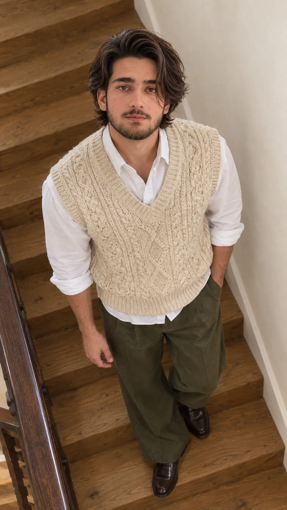 **Ultra-realistic editorial fashion photograph of a handsome young adult man standing casually on a wooden staircase, photographed from a
