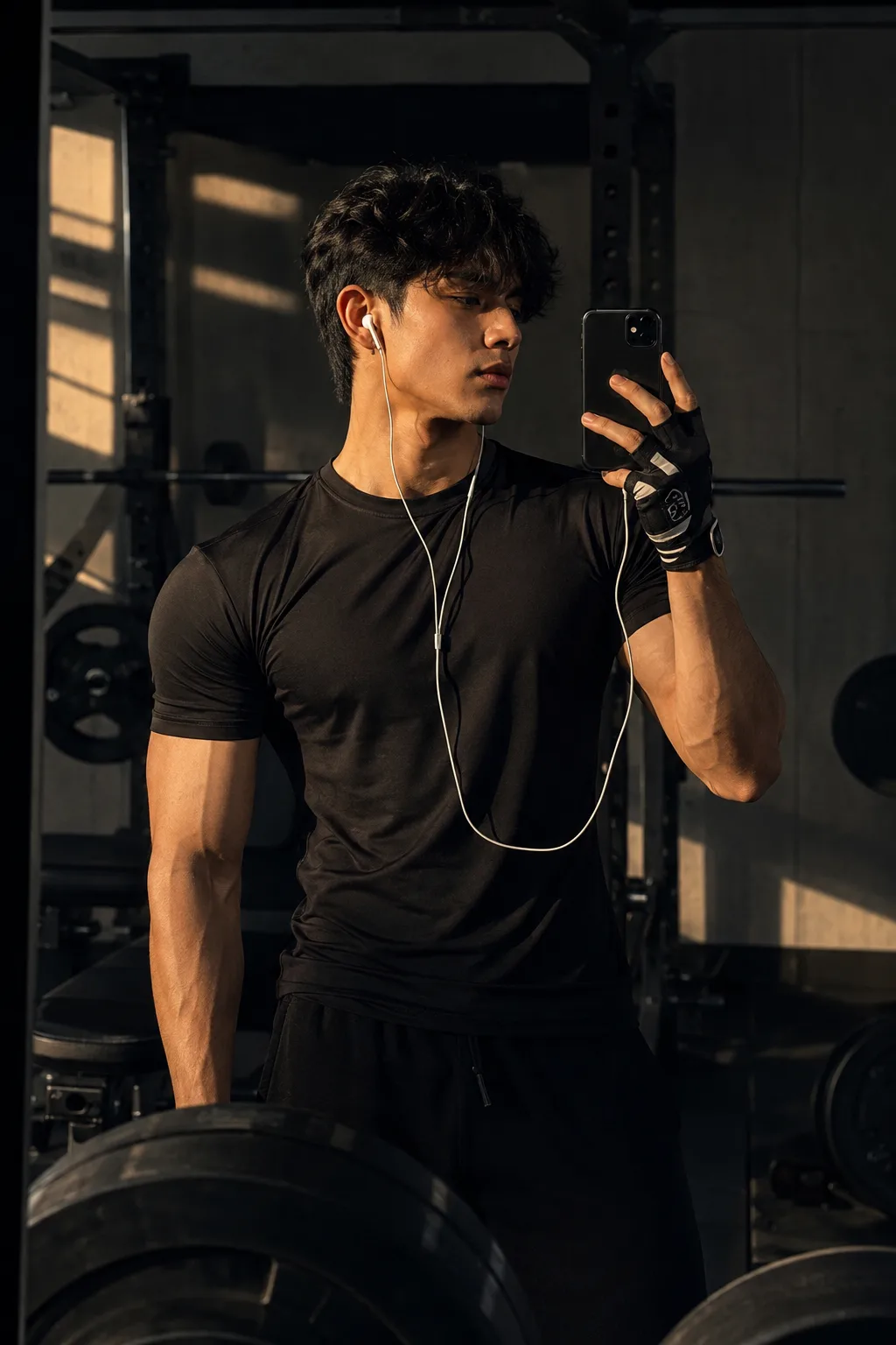 Create an ultra-realistic, premium cinematic fitness fashion mirror-selfie portrait closely matching the reference image in composition,