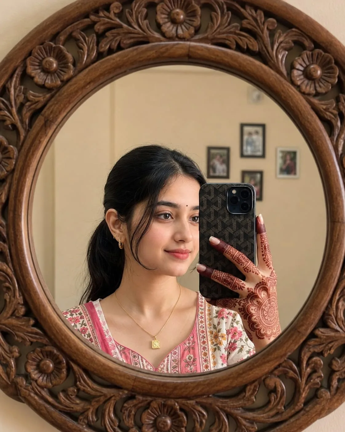 Create an ultra-realistic, high-detail vertical mirror selfie portrait photograph (4:5) of a young South Asian woman standing naturally in