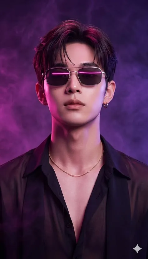 CONCEPT: Futuristic studio portrait featuring an East Asian male model in a black open-collar shirt and thin gold chain, set against a