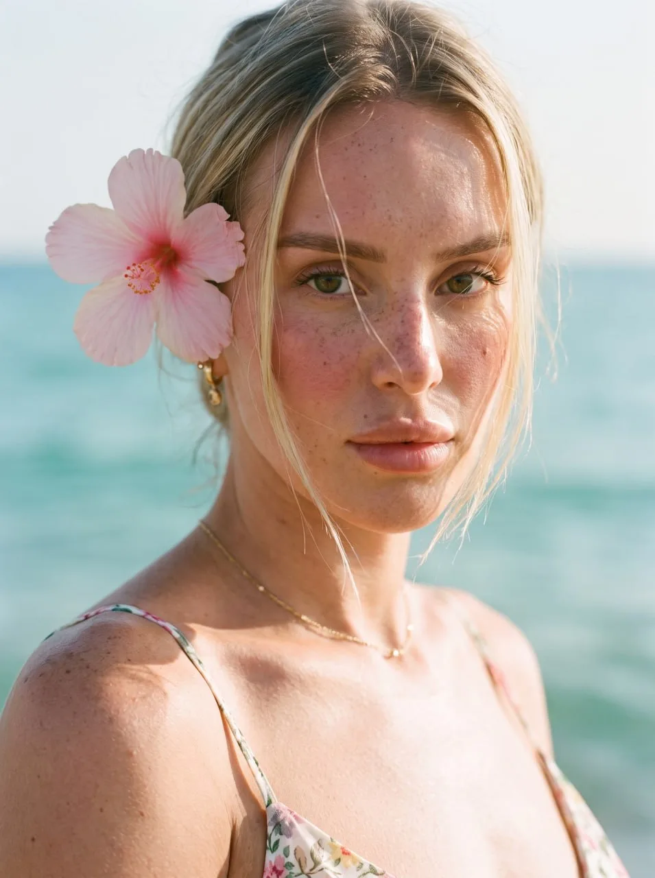 Ultra-realistic intimate summer beauty editorial close-up of a woman photographed from the shoulders up, her face filling almost the entire