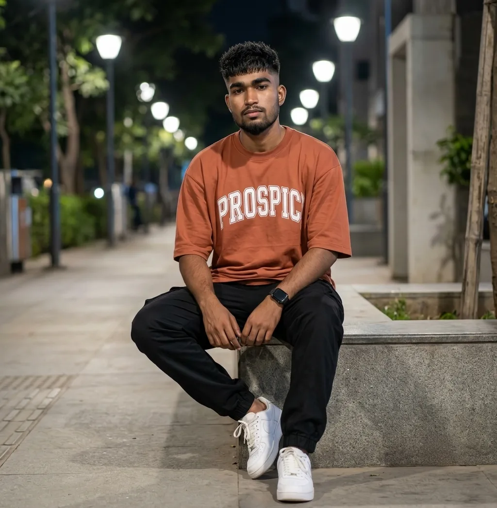 Prompt: A photorealistic, high-resolution full-body outdoor night lifestyle portrait of a handsome 23-year-old South Asian man sitting