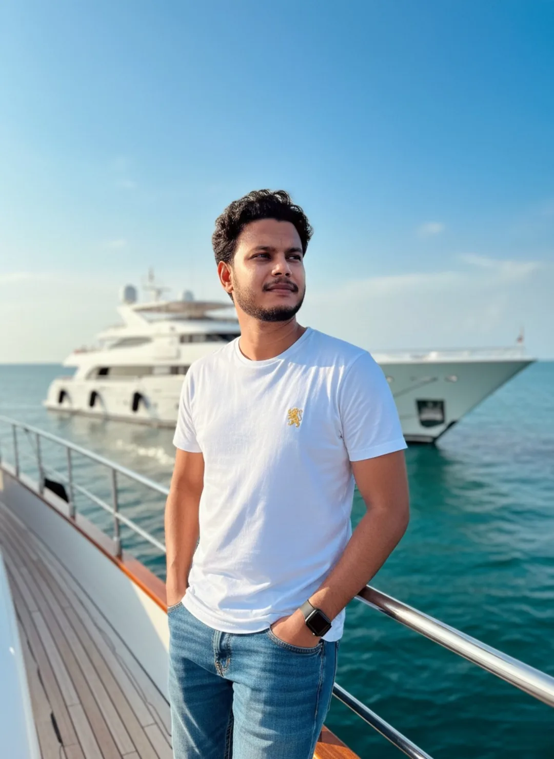 A confident young South Asian man with short curly black hair, neat short beard and mustache, standing on the wooden teak deck of a luxury