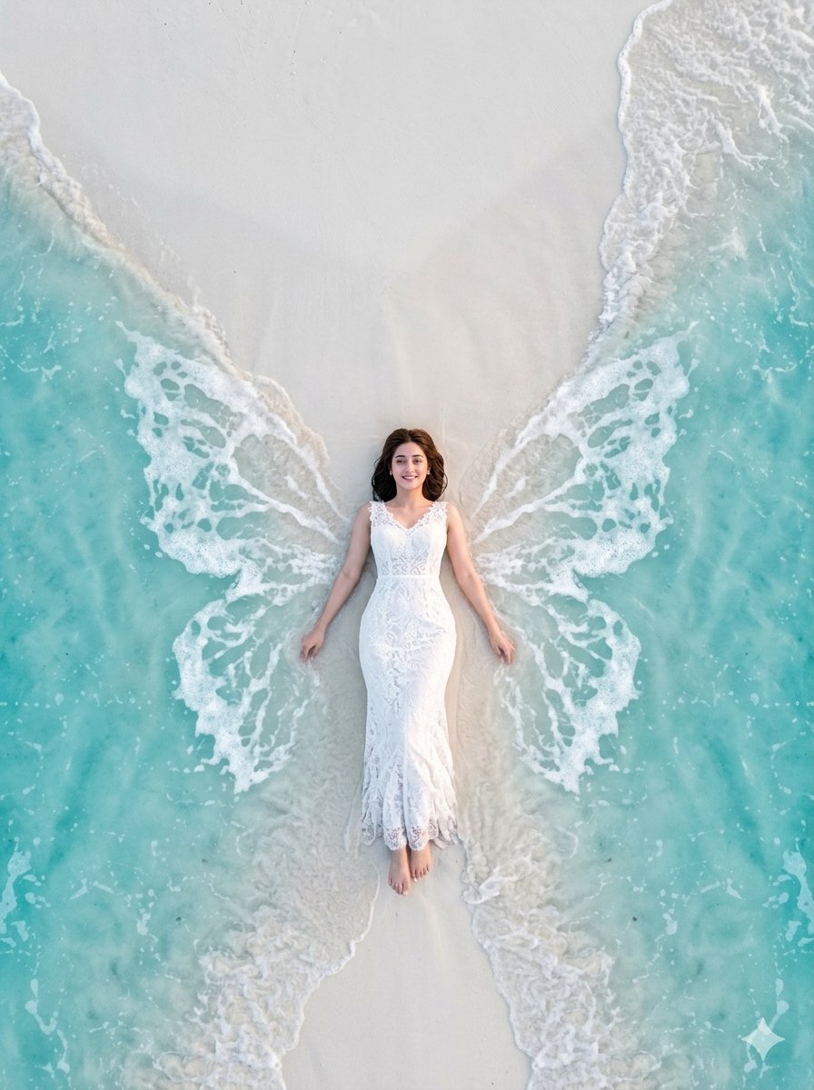 Image using on Gemini Nano Banana pro Prompt: A stunning aerial view close-up of an hourglass curvy full huge bust woman lying at the edge