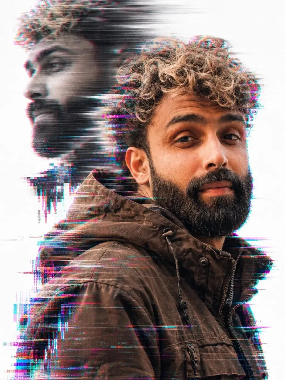 A double exposure, long exposure editorial photograph of a man Use image for face reference in a brown hooded utility jacket with sharp