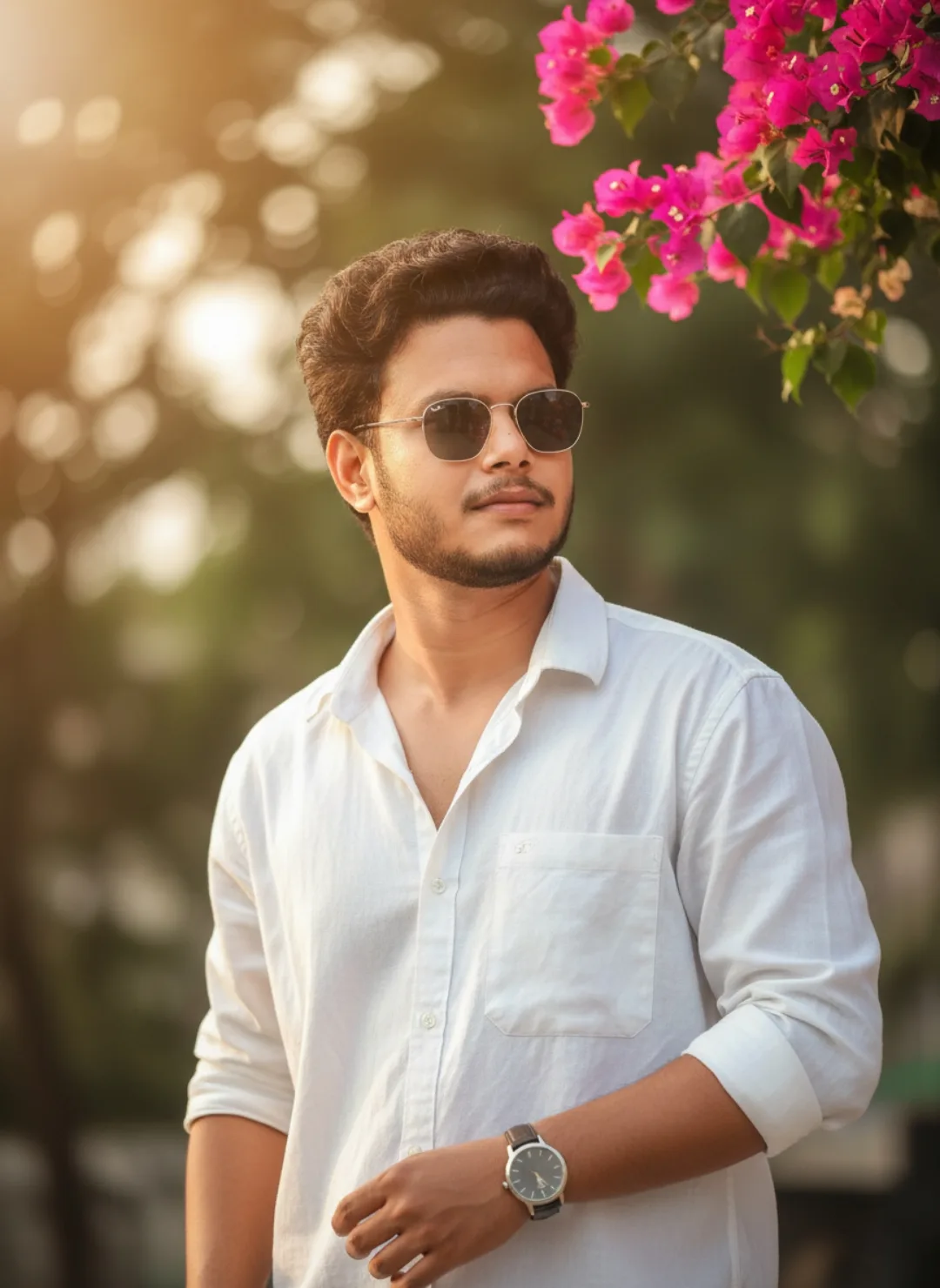 > Prompt: A professional portrait of a 26-year-old South Asian man with a well-groomed short haircut and a clean beard, looking away from
