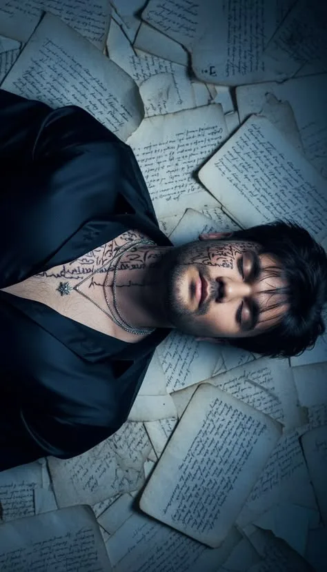 "A dramatic top-down cinematic shot of a young South Asian man lying down with his eyes closed, surrounded by a scattered bed of old,