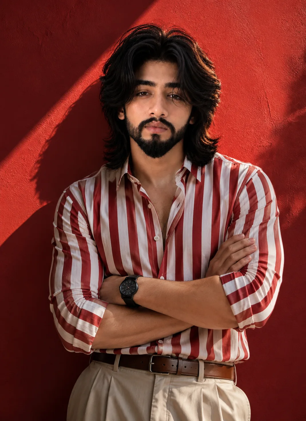 A portrait of a man standing against a vibrant red wall with sharp directional shadows.
