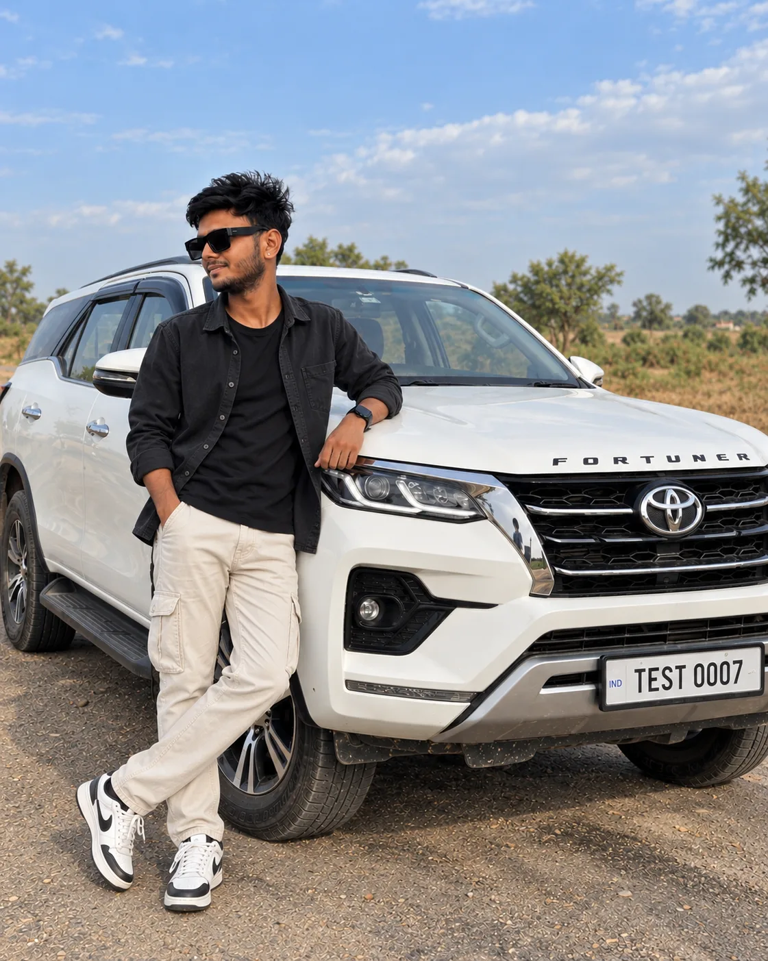 Prompt: Create a highly realistic, ultra-detailed cinematic photograph of a young Indian man casually posing beside a white Toyota Fortuner