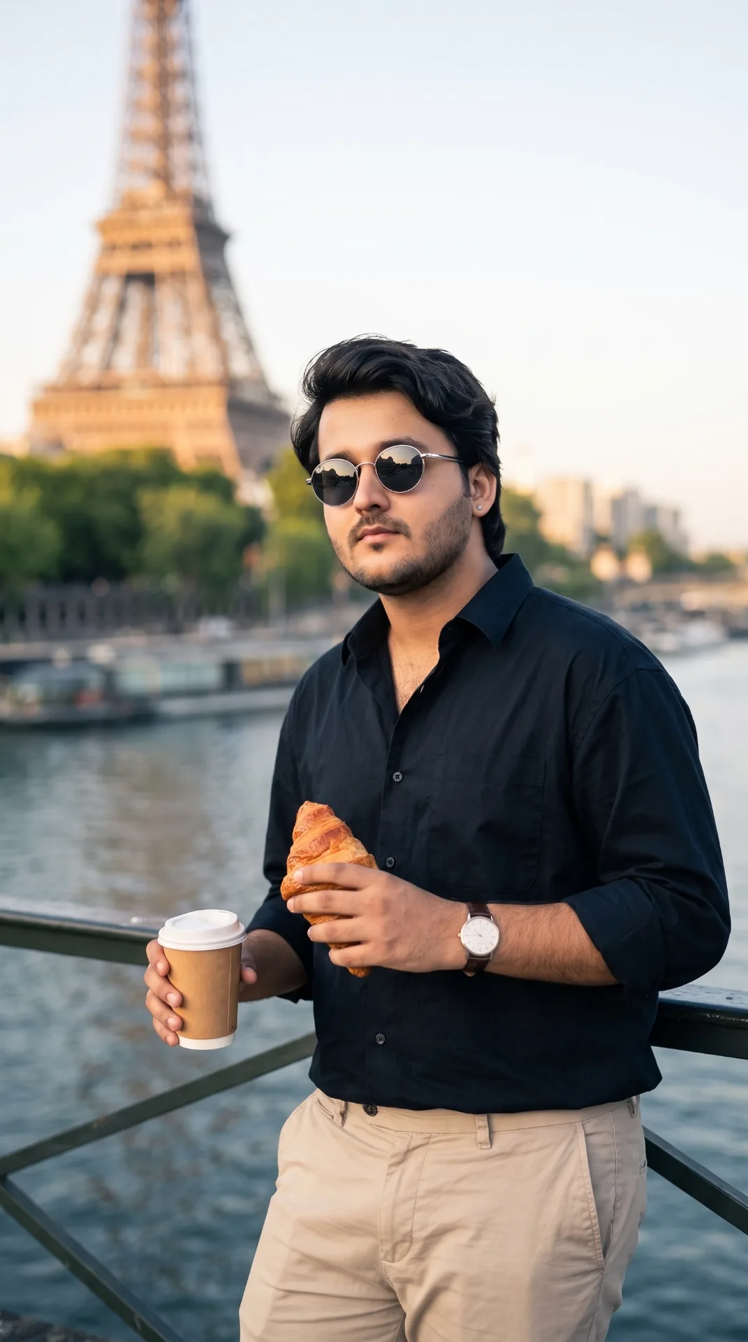 A romantic portrait of a person wearing dark sunglasses, leaning against the railing of the Pont des Arts, holding a croissant in their
