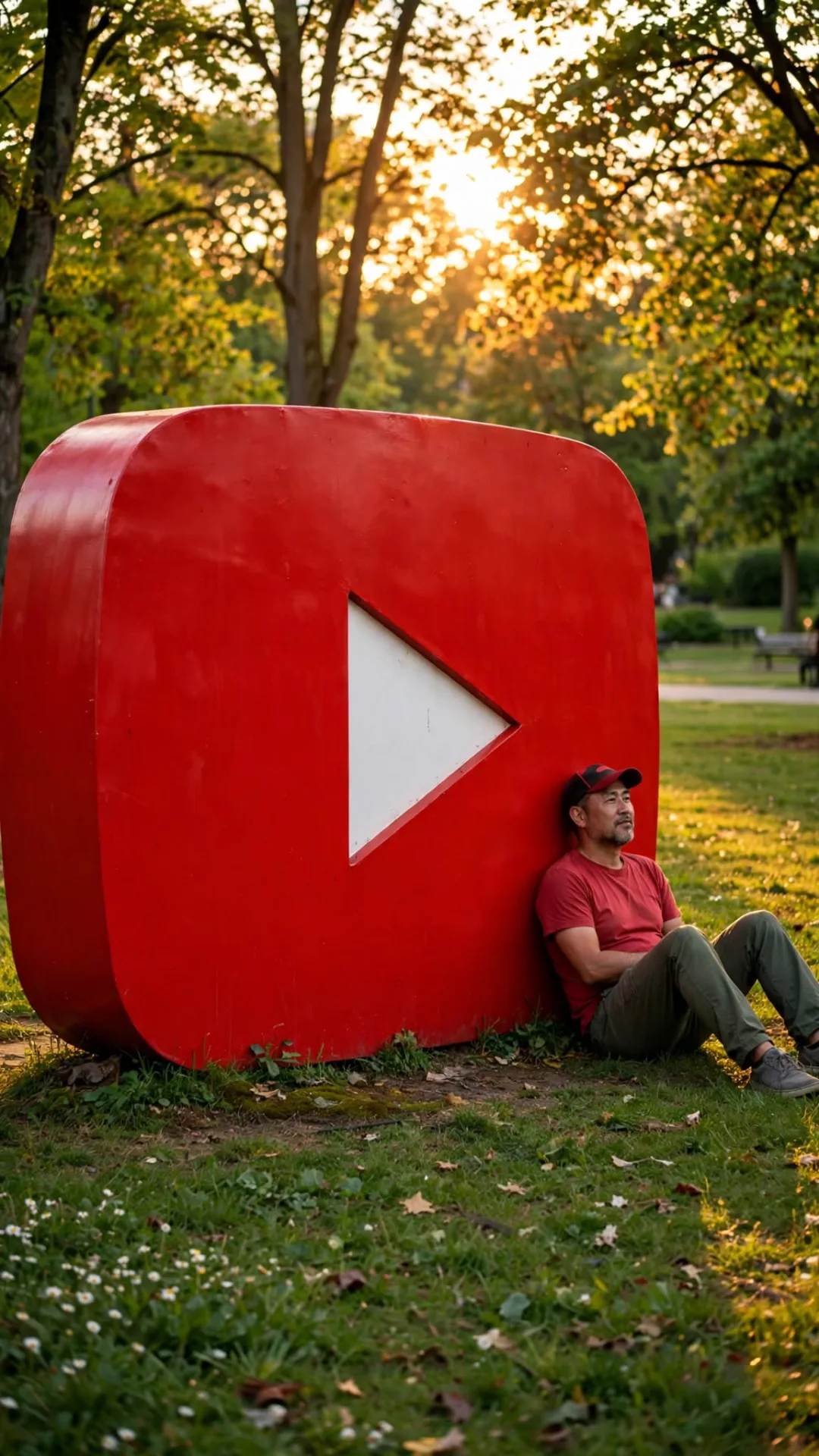 Giant glossy red YouTube play button sculpture standing on green grass in a sunny park, young creator sitting on grass leaning against it