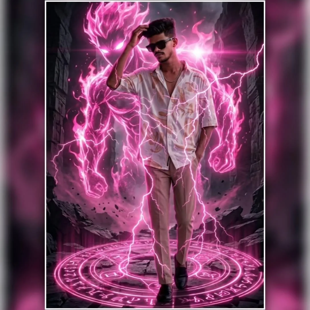 A full-body photograph-based digital art composite of a stylish young man in his early 20s, with an undercut hair style, mustache, wearing